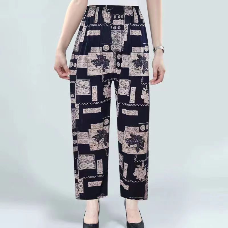 Women Summer Ice Silk Floral Printed Wide Leg Pants Elastic High Waist Casual Loose Cropped Pants