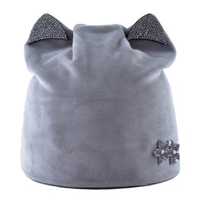 Женская утеплённая вельветовая шапка с ушками и декоративными цветами