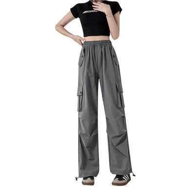 Серые брюки палаццо из ледяного шелка для женщин на лето тонкие американские ретро быстросохнущие спортивные штаны с высокой талией повседневные прямые рабочие брюки
