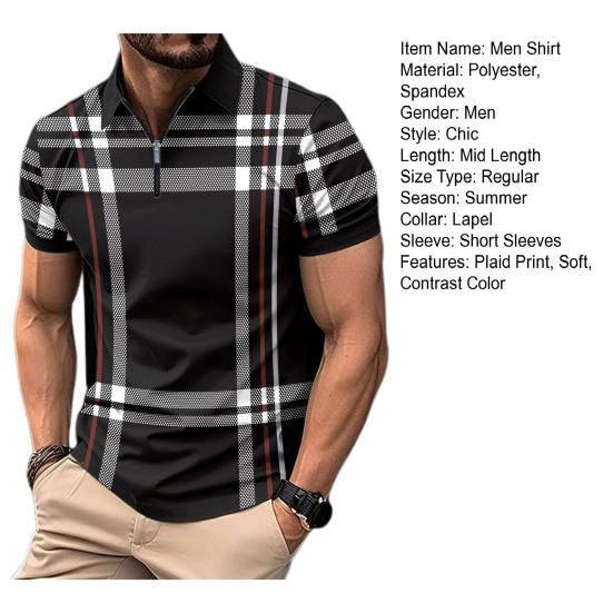 Мужская летняя рубашка на молнии с лацканами в клетку в полоску с принтом Slim Fit пуловер с короткими рукавами средней длины мягкий дышащий мужской деловой топ