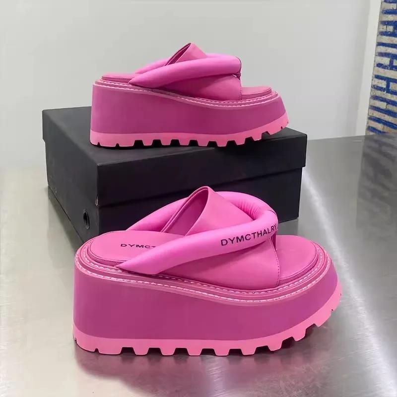 Женские шлепанцы Летние танкетки Круглый носок Женские сандалии Черный Розовый Высокие каблуки Платформа Платье Женские Шлепанцы Zapatillas De Mujer