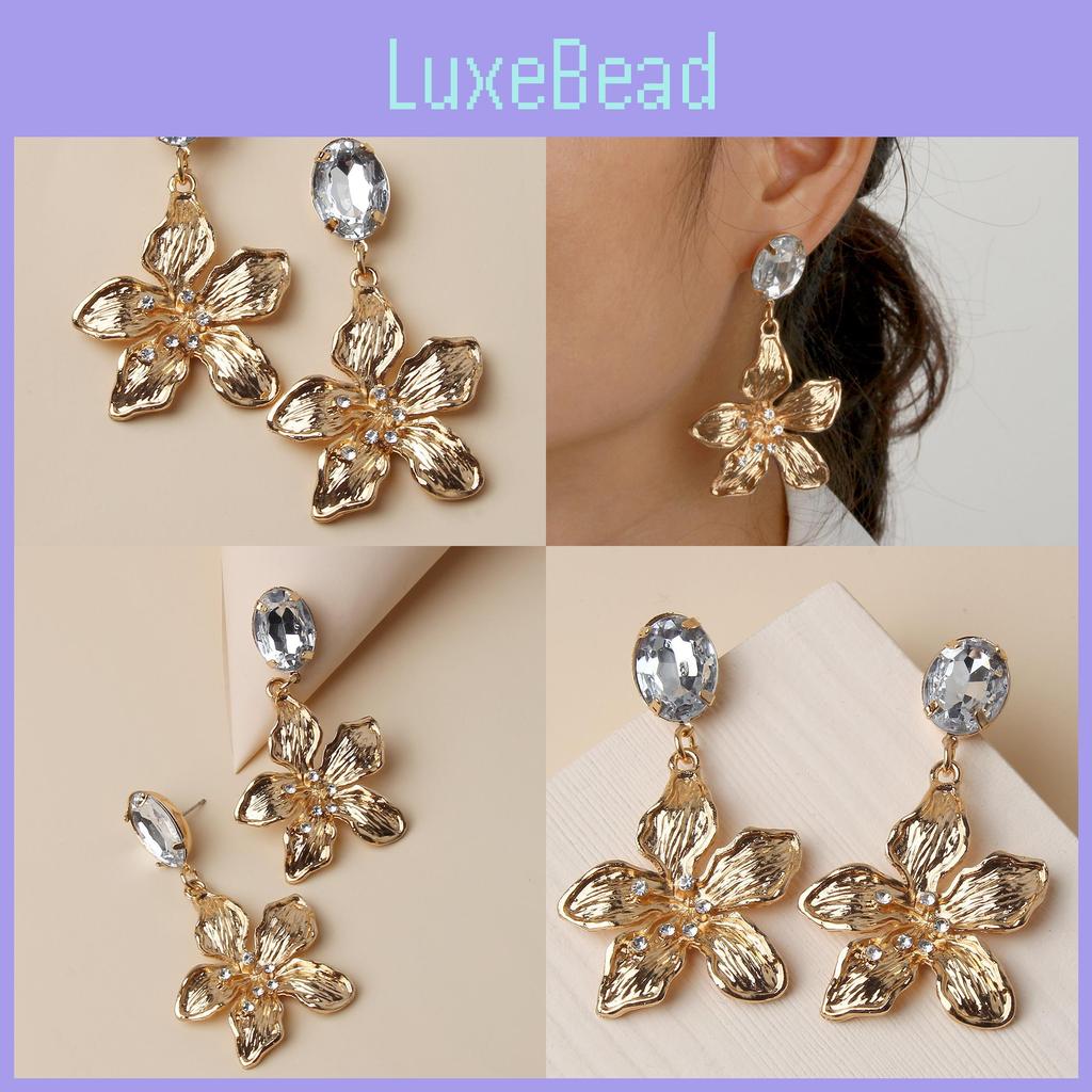 Flower Metallic Gold Earrings With Decorative Stones For Fashion And Celebration