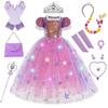 Purple Long Hair Floral Princess LED Tutu Full Set, Girls Halloween Birthday Stage Performance Gown Pink