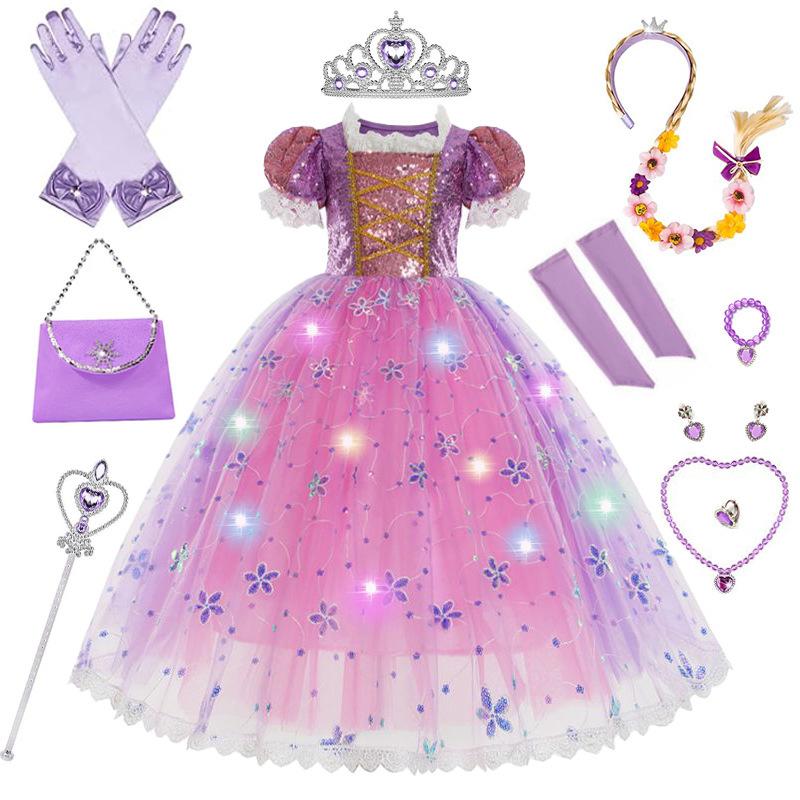 Purple Long Hair Floral Princess LED Tutu Full Set, Girls Halloween Birthday Stage Performance Gown Pink
