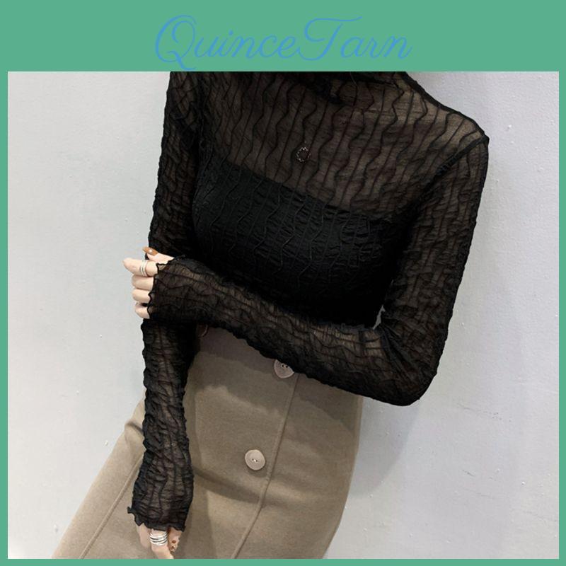 High Shirt Neck Base Mesh For Women In Spring And Autumn Transparent Lace Long Sleeved Top For Women