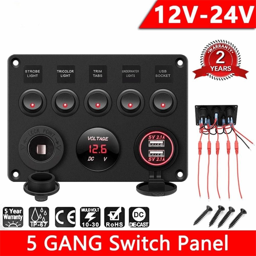 Dual USB Socket 5 Gang Switch Panel 12V/24V LED Voltmeter Power Outlet ON-OFF Toggle For Car Car