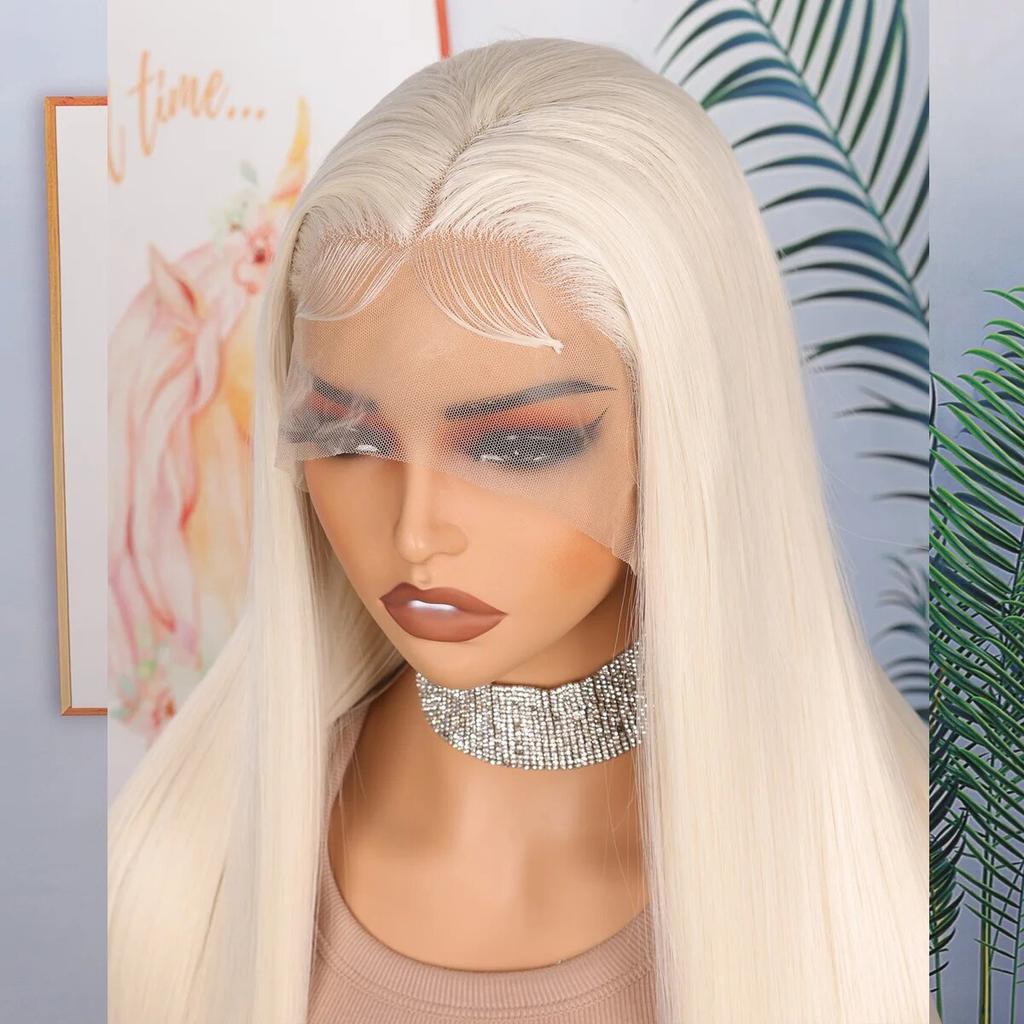 Professional  Soft Preplucked Ash Blonde White 26Inch 180Density Straight Lace Front Wig Synthetic With Baby Hair Glueless Daily Wear Wigs