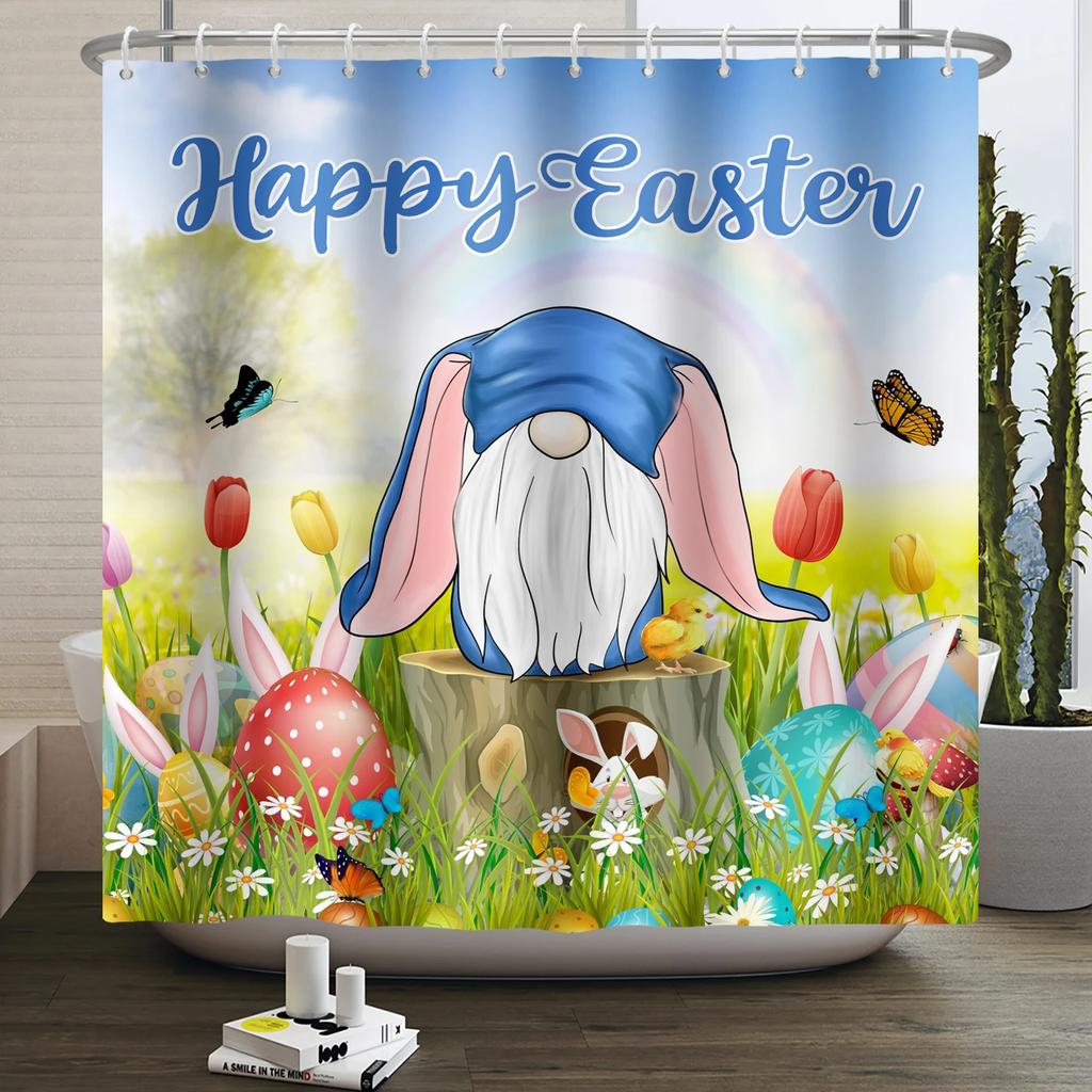 Весенняя Пасхальная Занавеска для душа Счастливый Кролик Кролик Яйца Цветочный Сад Цветочный Праздничный Водонепроницаемая Занавеска для душа для ванной комнаты с крючками