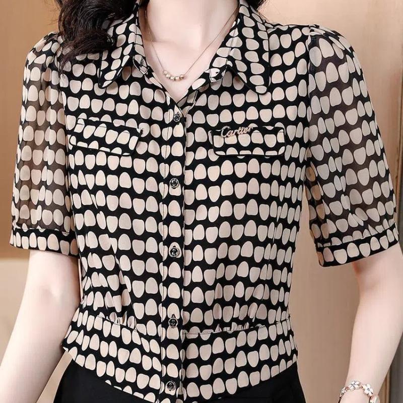 Temperament Fashion Summer Chiffon Shirts Women Polo-Neck Single Breasted Polka Dot Short Corset Short Sleeve Tops