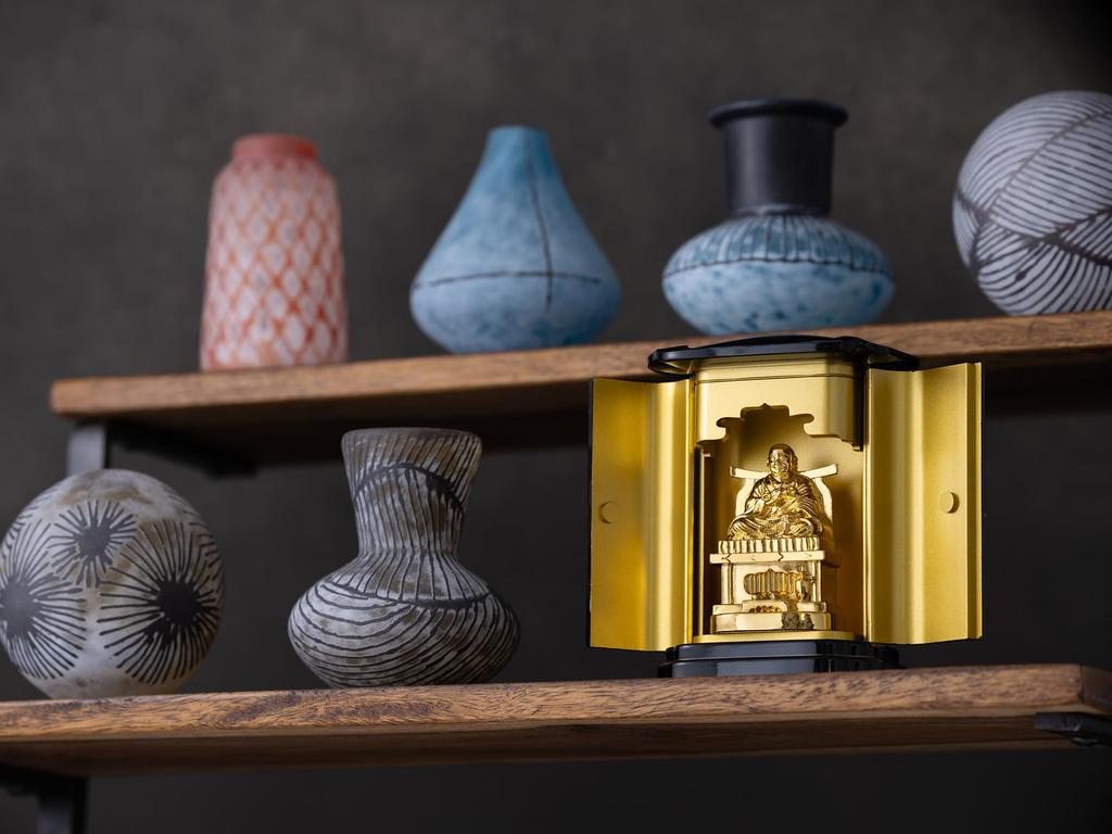 Buddhist Statue of Kobo Daishi (pure Gold Plated) In a PC Cabinet - "Shingon Sect" - Kukai, Takaoka Bronzeware (Kobo Daishi PCZ)