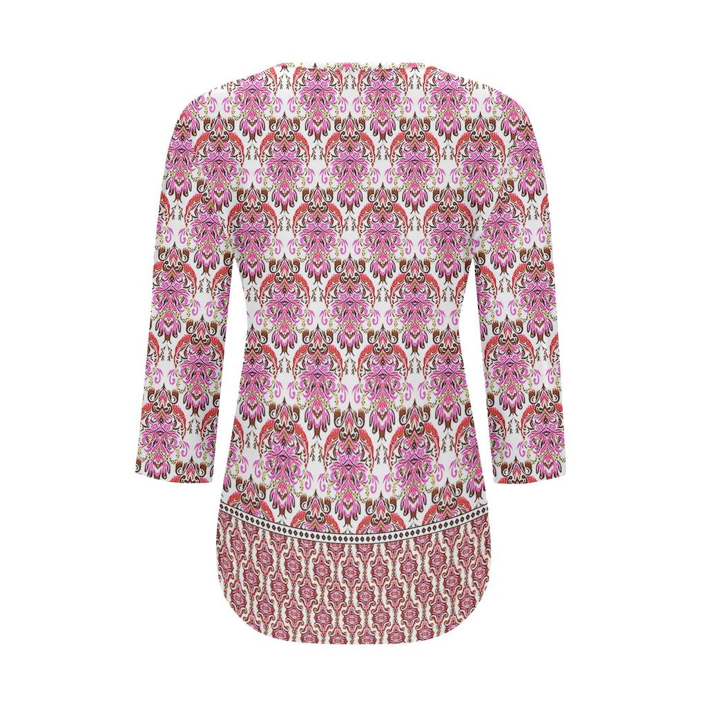 Women's Fashionable Casual Pleated Round Neck Casual Floral Print Seven Quarter Sleeved T-shirt Top