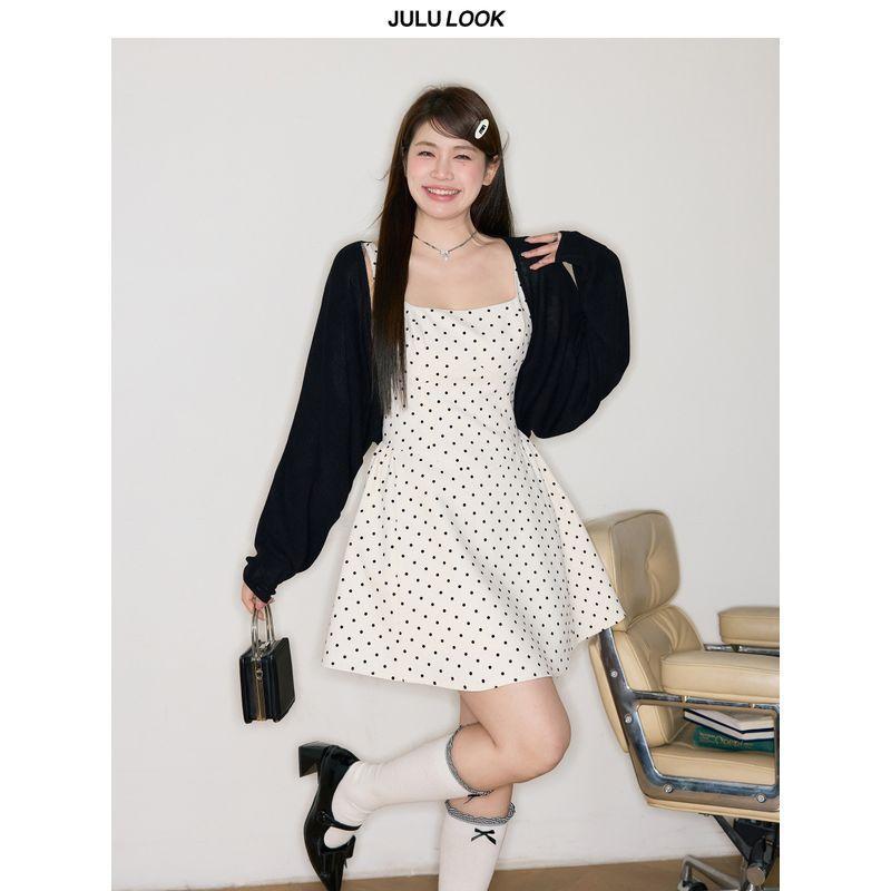 Julu Studio "Tiffany Park" Slightly Oversized Girls Square Collar Polka-Dot Cinched Vest Dress Plus Size Dress