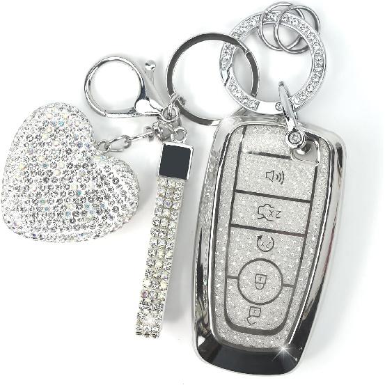 Key Fob Cover with Diamond Keychain for Women, Car Key Holder Compatible with Ford Explorer Fusion Edge Expedition F150 F250 F350 F450 F550 Maverick