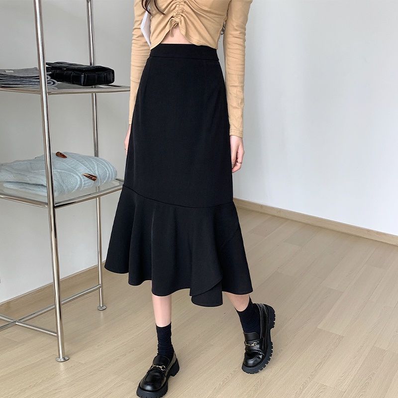 Black Medium Length Fishtail Skirt for Women Plus Size Summer Thin Skirts Y2k Bottoms Fashions Female Korean Style Clothing