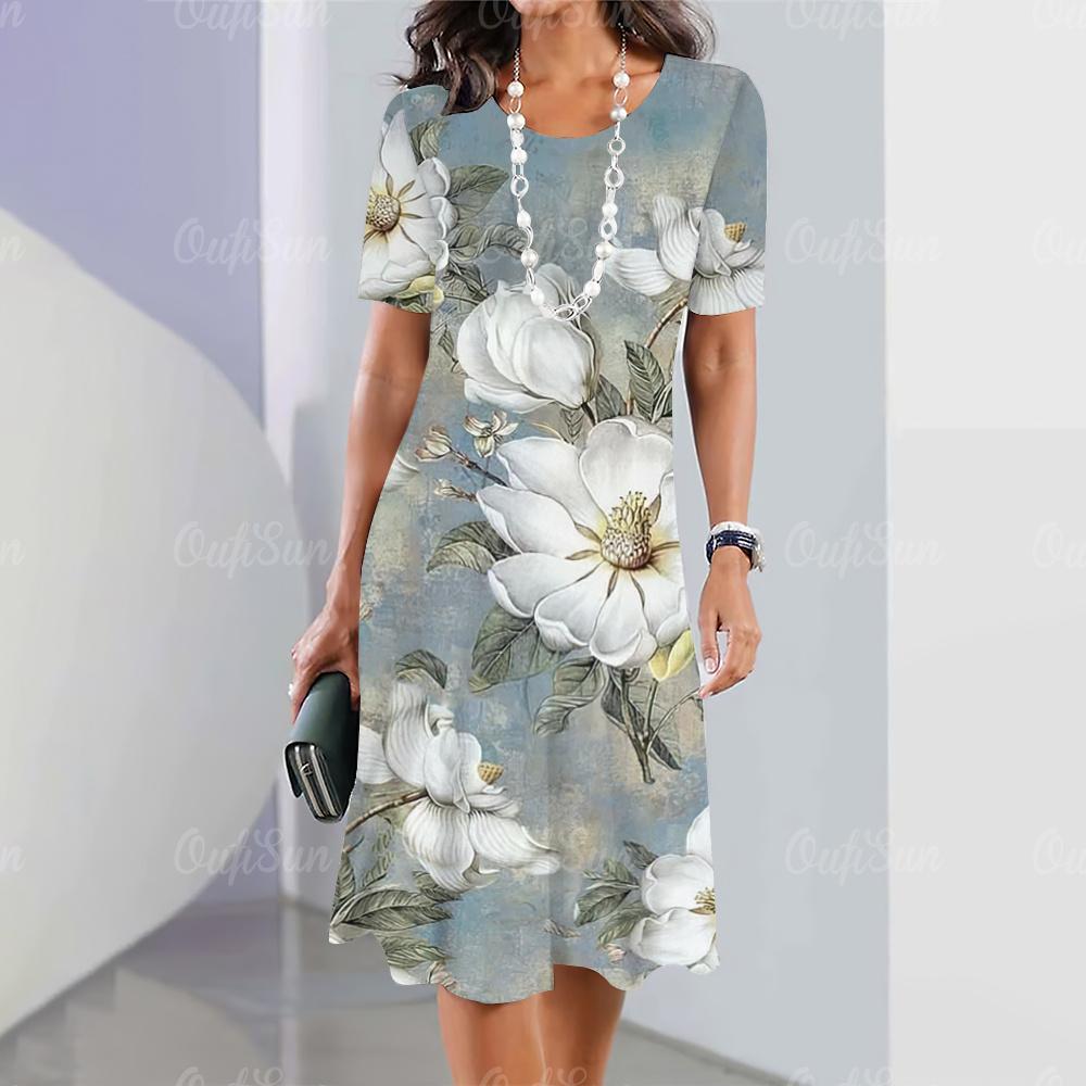 New Women's Dresses Floral 3D Printed Summer Luxury Midi Dresses Feamle Short Sleeve Dress Fashion Oversized Clothes