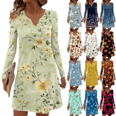 Женские повседневные миди-платья с длинным рукавом, V-образным вырезом и принтом