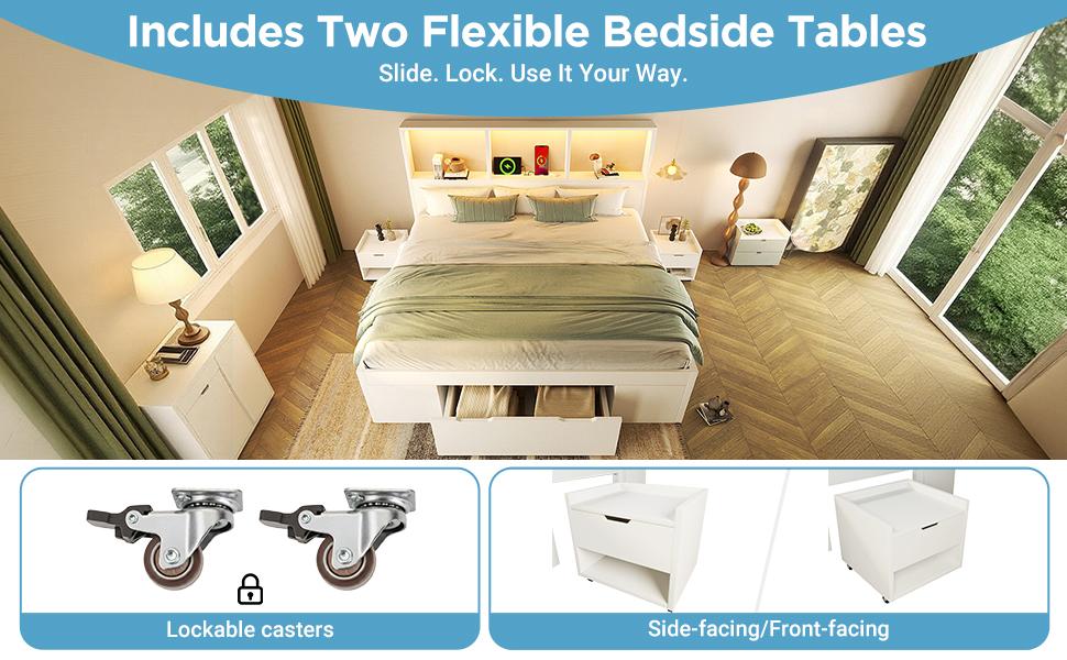 Bed 140x190 cm White with 2 Movable Nightstands, Wooden Bed with LED Lighting and USB Type-C Charging, Frame with Drawer and Shelves, without Mattress