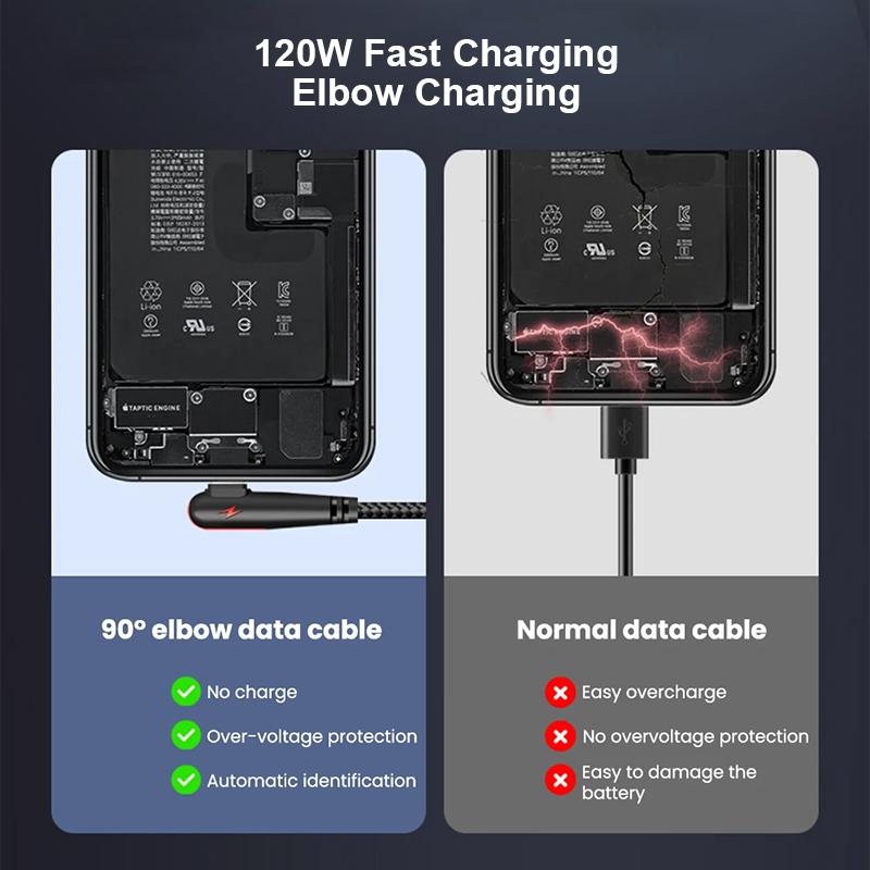 120 Вт USB-кабель Type C с углом поворота 90 градусов для быстрой зарядки мобильного телефона Xiaomi Redmi Huawei Mate 40 30, шнур для зарядки телефона