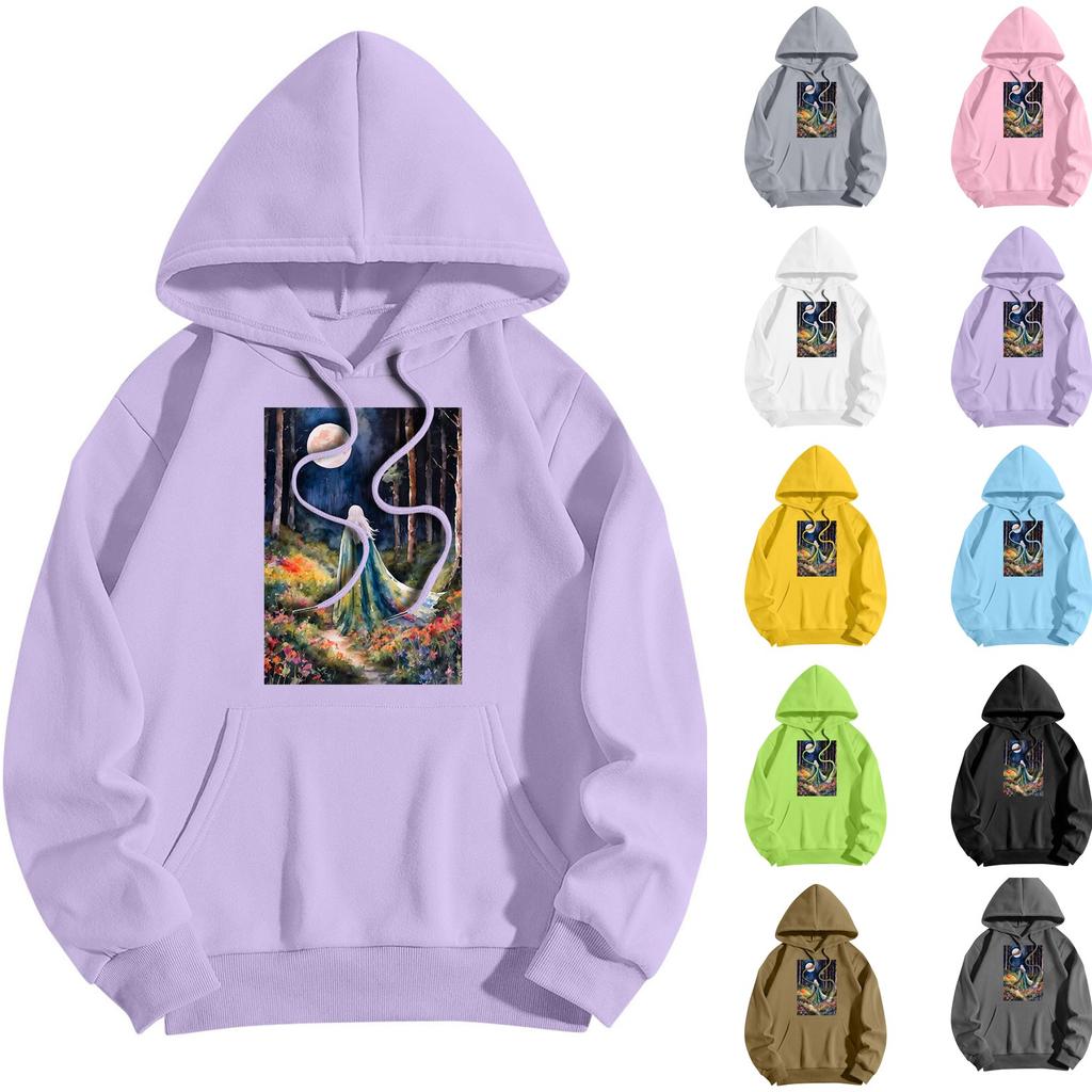 Women's Fashionable Casual Halloween Witch Print Hooded Sweatshirt With Pockets Long Sleeved Sweatshirt