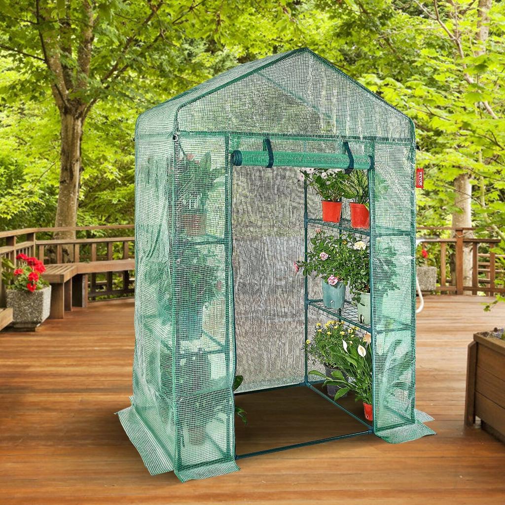Walk-in Green House, 4.6 x 2.4 x 6.7 ft Greenhouse with Shelves, Set Up in Minutes, High Strength PE Cover with Doors & Windows and Steel Frame,