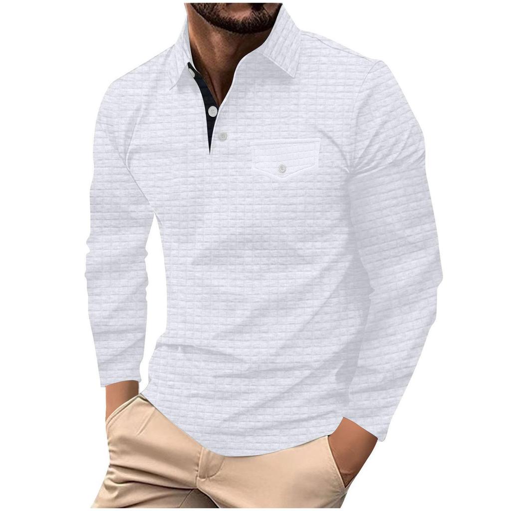 Men's Long-Sleeve Plaid Polo Shirt with Button Pocket