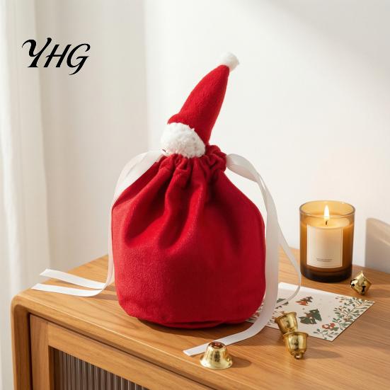 Holiday Candy Packaging Bags Christmas Drawstring Gift with Santa Hat, Reusable Velvet Xmas Goodie Sacks, Festive Claus Pouches Apple Treat Pouch for