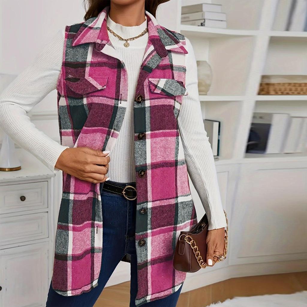 Women's Fashion Casual Sleeveless Long Plaid Button With Pocket Vest Jacket