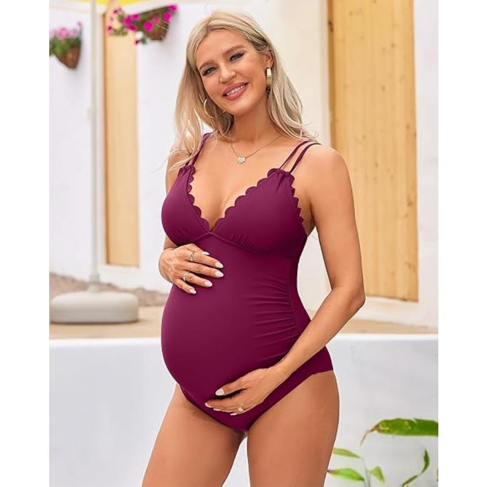 CHARMLEAKS Scallop Trim Maternity Swimsuit One Piece V Neck Pregnancy Bathing Suit Ruched Swimwear Cutout Tie Back