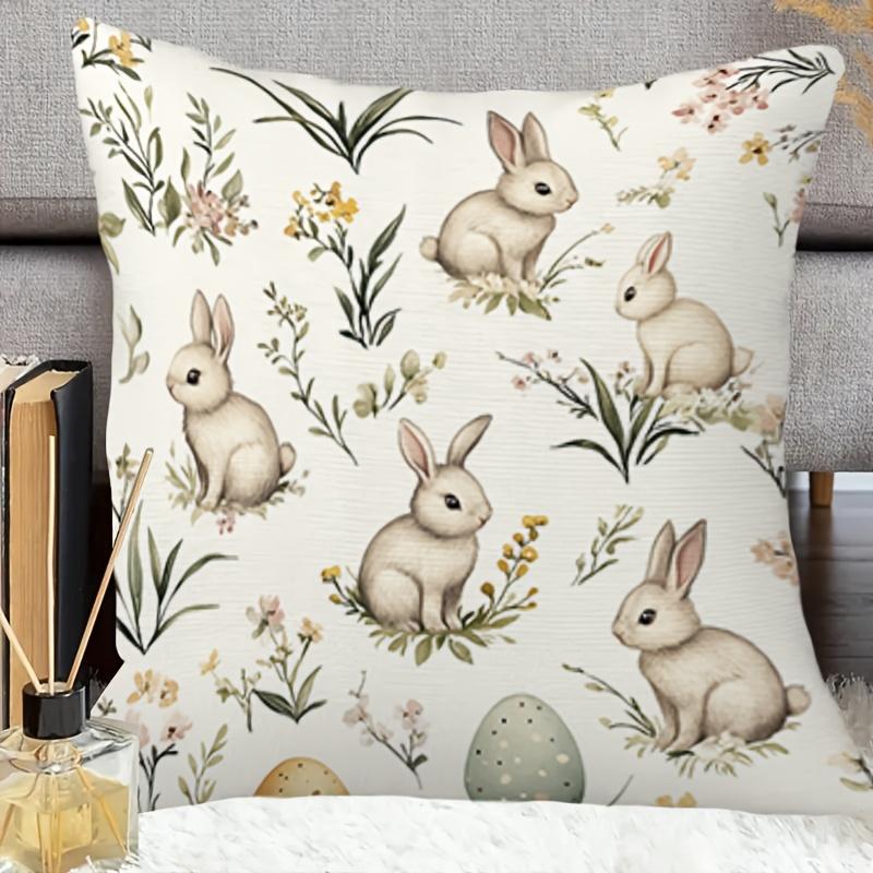 1pc Soft & Comfortable Easter Bunny and Eggs 45.72x45.72cm Throw Pillow Cover - Contemporary Style, Machine Washable Polyester, Zip Closure - Ideal fo