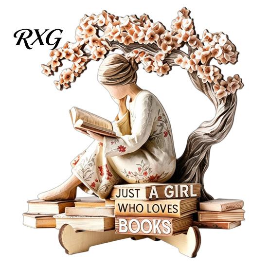 Minimalist Shelf Decor Sculpture Wooden Reading Girl Figurine, Stable Pastoral Style Statue Desktop Base Craft Decor, Artistic Healing Ornament,