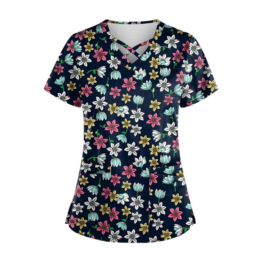Плюс размер, милая рабочая форма с принтом, топы для женщин, забавные футболки с перекрестным v-образным вырезом и короткими рукавами, рабочая одежда, футболка с карманами