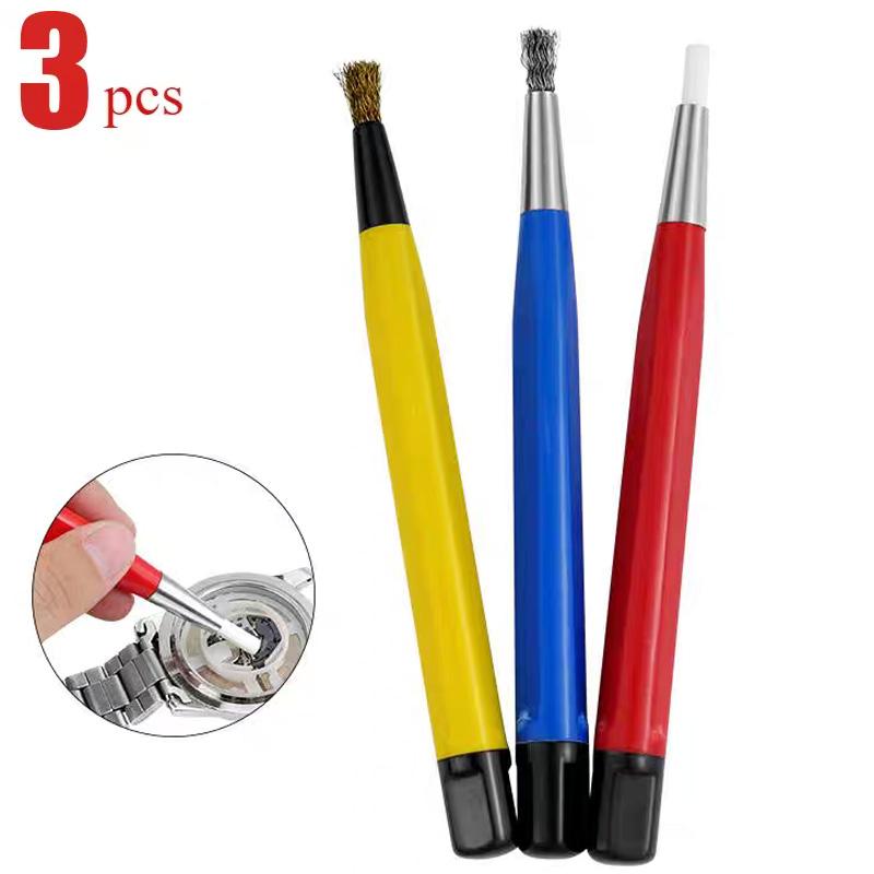 3 шт./комплект Ручка-щетка для удаления ржавчины Стекловолокно / Латунь / Сталь / Нейлон Форма ручки-щетки Инструмент для полировки и очистки деталей часов