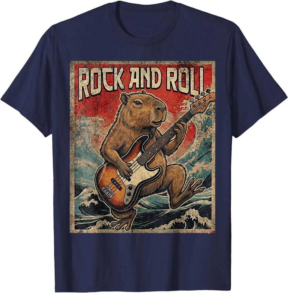 Капибара Играет на Гитаре Rock On Винтажный Гитарист Капибара Футболка