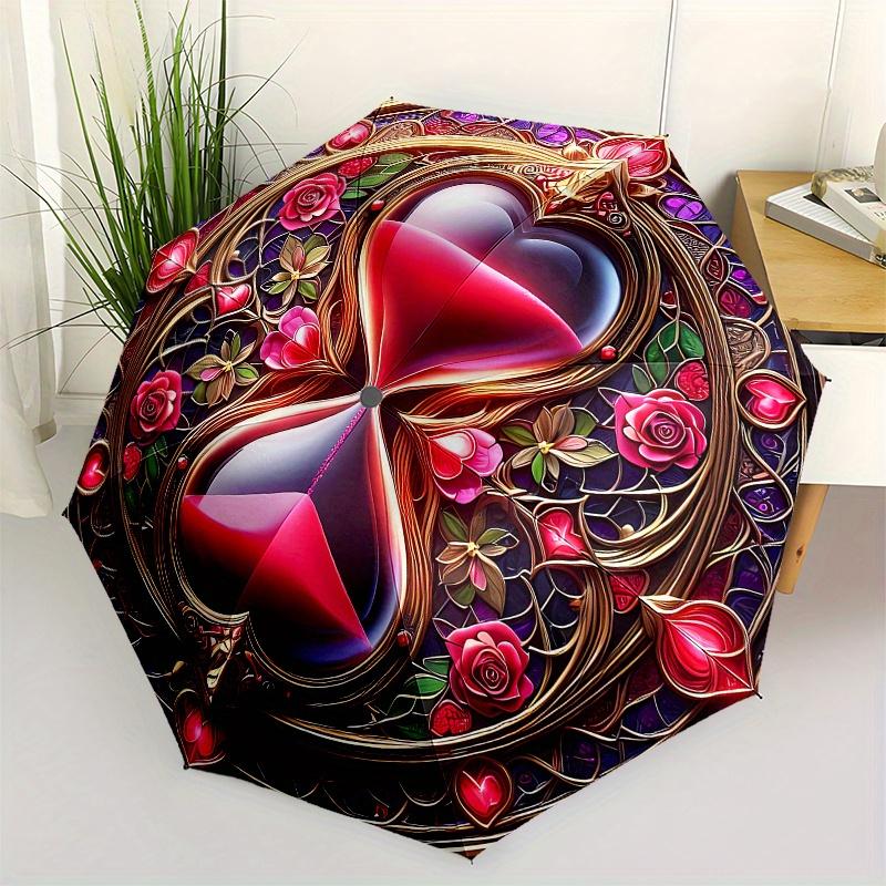 Love in Bloom: Heart-Shaped Hourglass Ornament Umbrella, Cute Umbrella with Cute Design, Portable 3-Fold Compact Umbrella for Men & Women, Valentine's