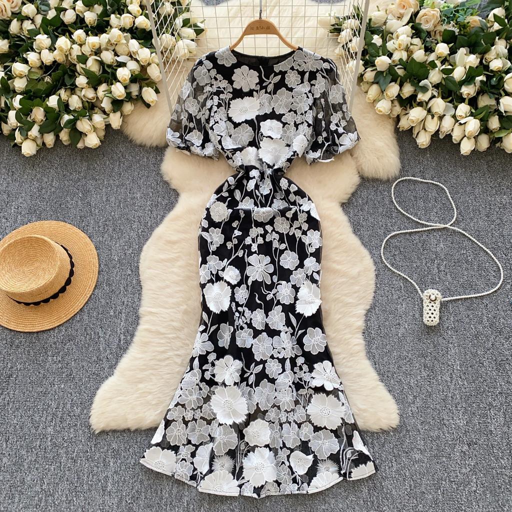 Элегантное цветочное вышитое О-образное платье в стиле винтаж с коротким рукавом и фонариком, шикарное облегающее платье-русалка, французская вечерняя женская одежда для улицы