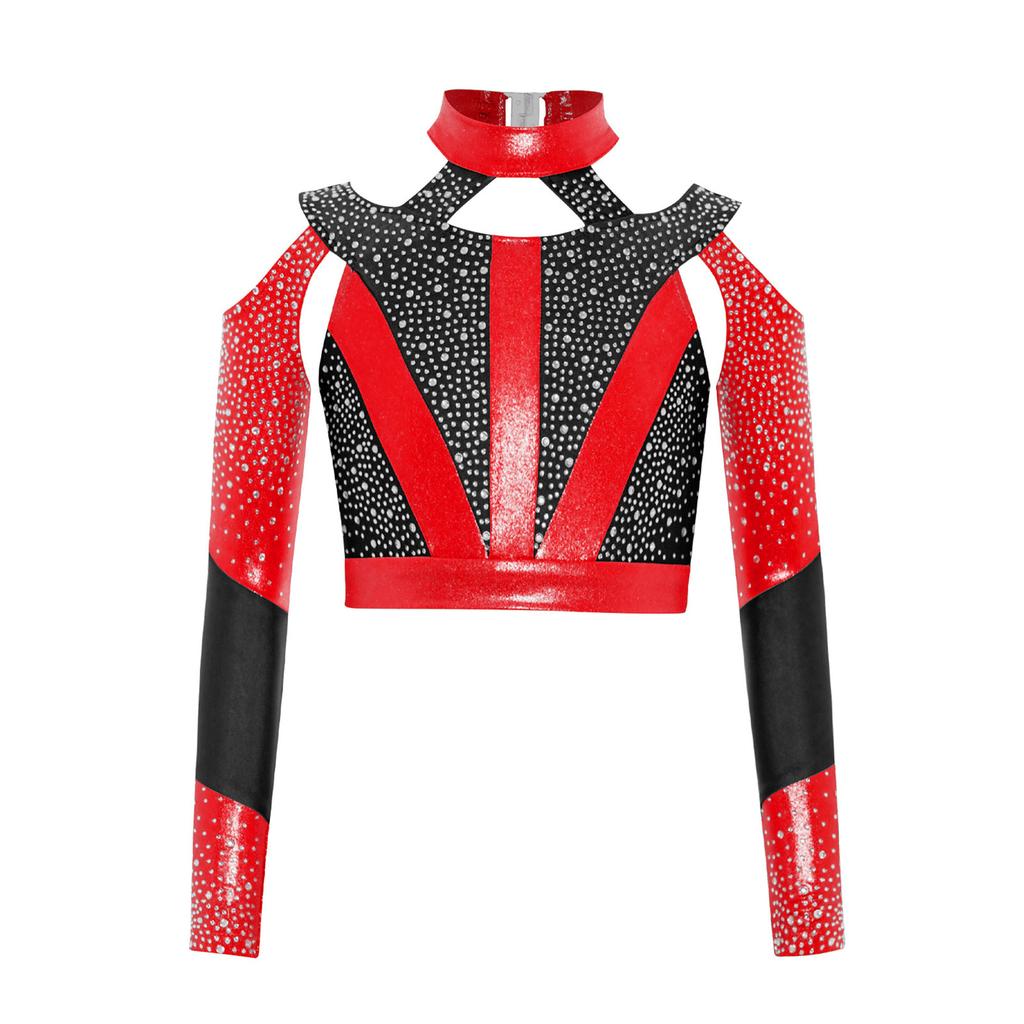 Girls Gymnastics Dance Top Long Sleeve Shiny Rhinestone Color Block Cross Back Cutout Crop Top