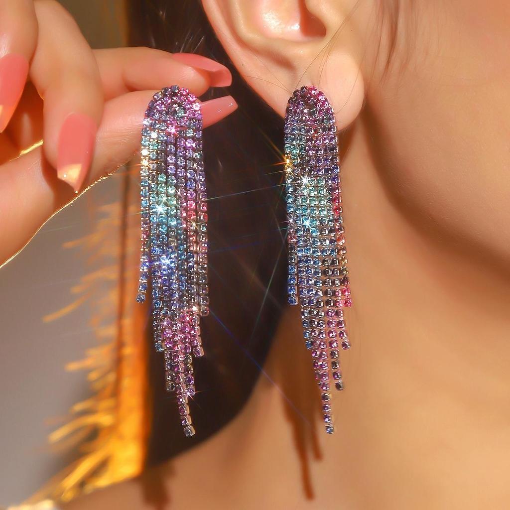 Premium Luxury Super Sparkle Rhinestone Long Tassel Earrings Women's Fashion Temperament Studded Earrings