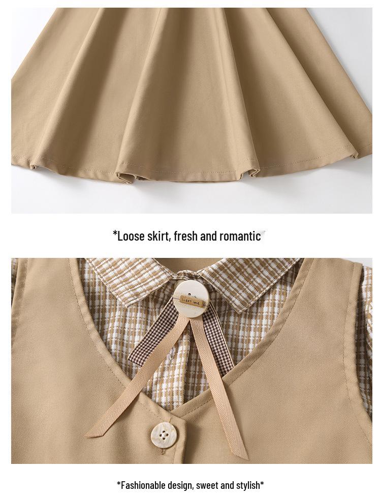 Платье для девочек «Гусиная лапка», имитация двойки - 2025 Осень, студенческий стиль для детей