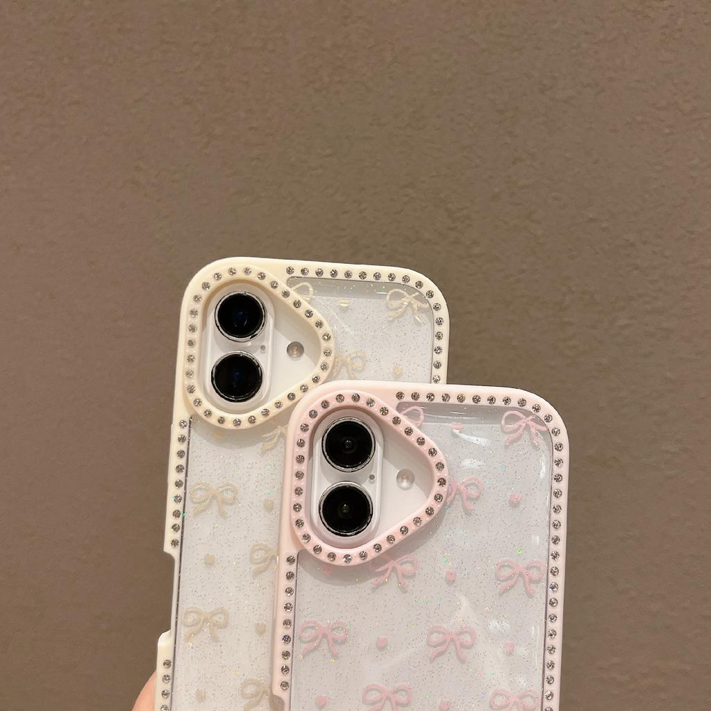 For iPhone 16 Case Epoxy Design TPU+PC Phone Cover with Bowknot Pattern,Rhinestone Decor