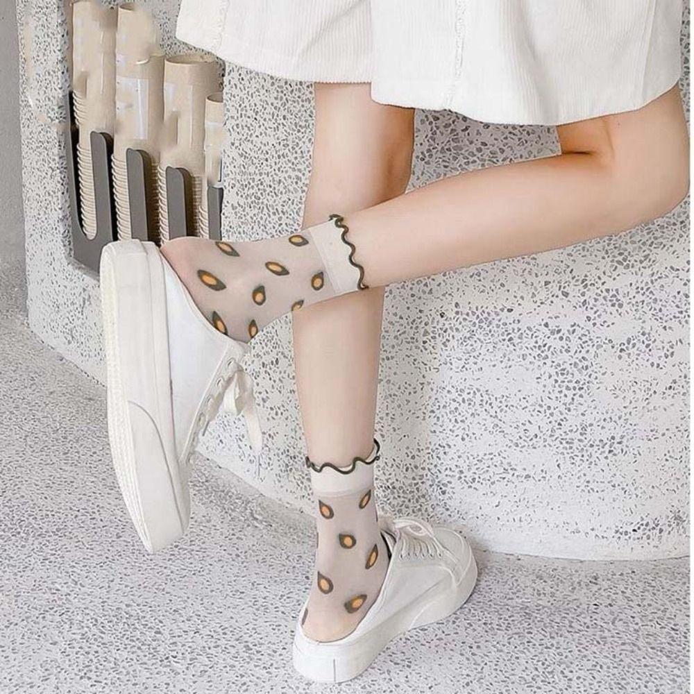 Cherry Transparent Flower Ruffle Socks Avocado Fruit Mesh Tulle Mid Tube Socks Streetwear