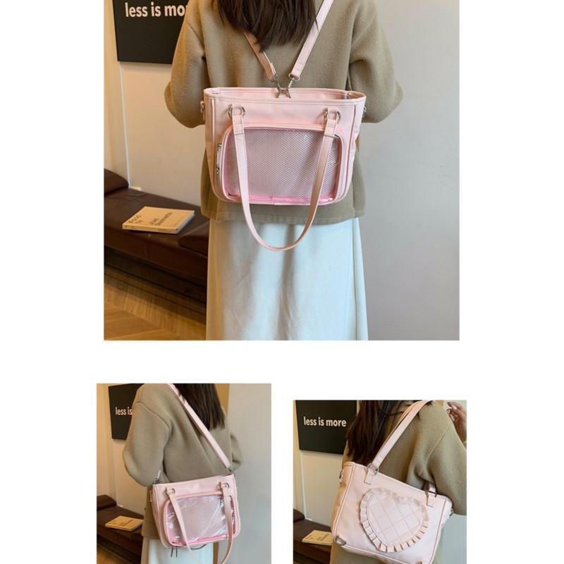 JIAERDI Harajuku Aesthetic Black Itabag Women Heart Bow Casual Shoulder Backpack Ladies Jk Uniform Transparent Handbag Wallet