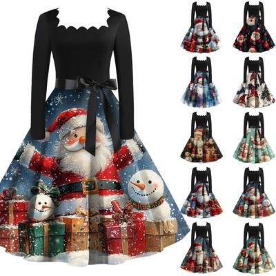 Женское рождественское платье с квадратным воротником и широким подолом, длинное платье с рукавами