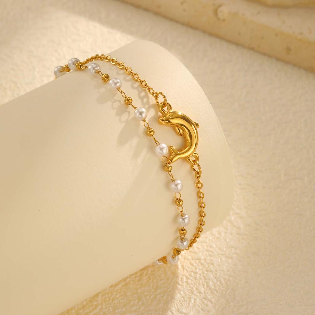 Exquisite Dolphin Imitation Pearl Bead Chain Bracelet for Women,Stainless Steel Double Layered Bracelets,Charm Jewelry Gifts