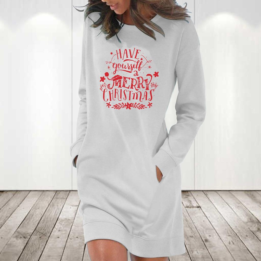 Women's Fashion Christmas Printed Pockets Long Sleeve Pullover Dress
