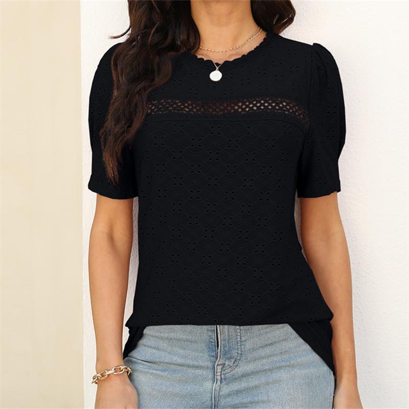 Летняя женская кружевная лоскутная блузка с коротким рукавом розового и белого цвета, повседневная женская пуловер с круглым вырезом, топ