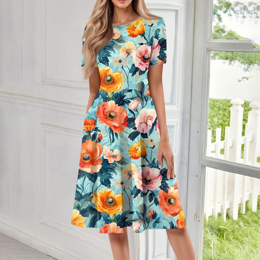 Женское свободное повседневное и модное платье с круглым вырезом и короткими рукавами, средней длины с принтом