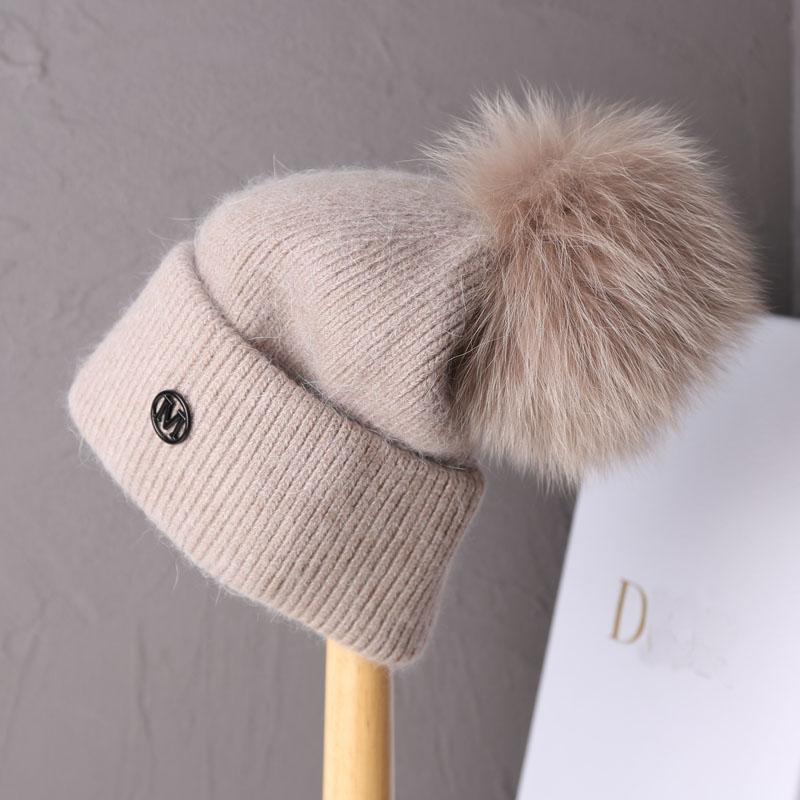 2023 Luxury Real Fox Fur Pom Pom Beanies Hat for Women Pompom Knitted Winter Hat Fashion Ear Protection Wool Hat