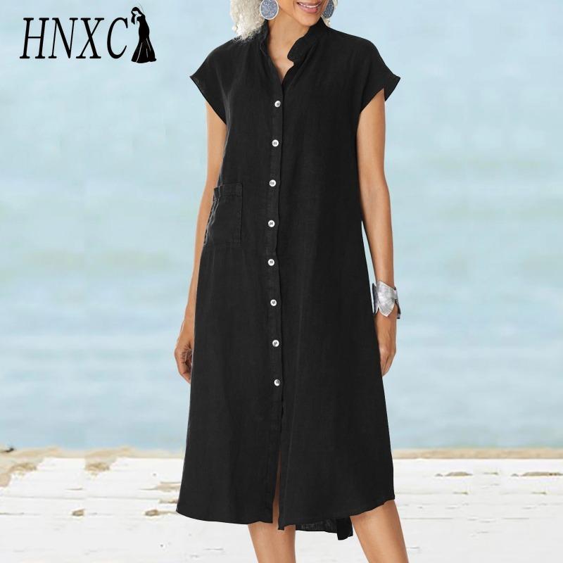 HNXC Женская мода лето весна однотонный принт поло воротник высокая талия повседневные платья