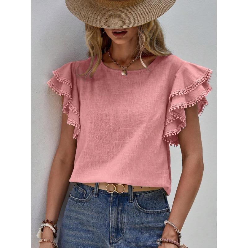 Women's Fashion Casual Summer Spring Solid Color Print Short Sleeve O-Neck Blouses & Shirts