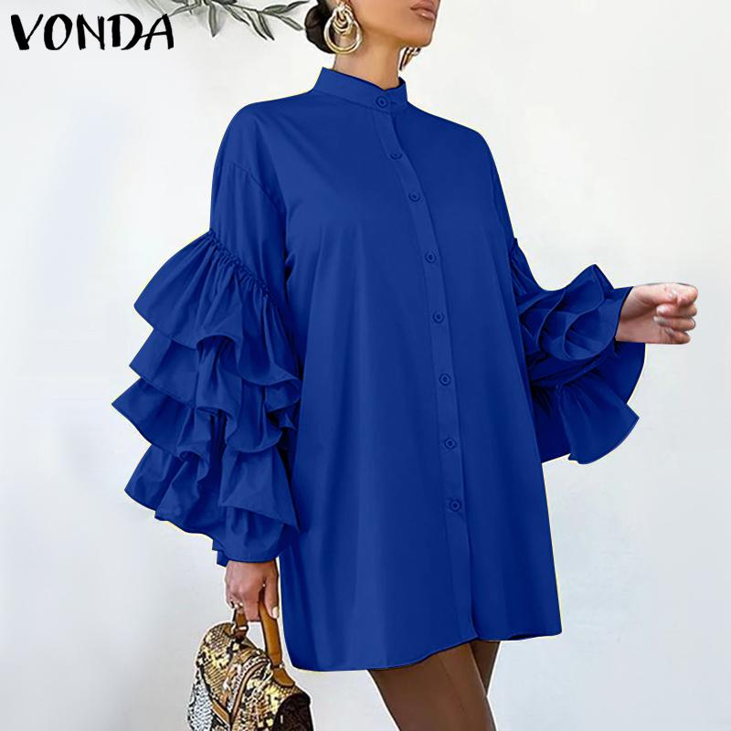 VONDA Женские платья больших размеров с воротником-стойкой и оборками, с длинными рукавами